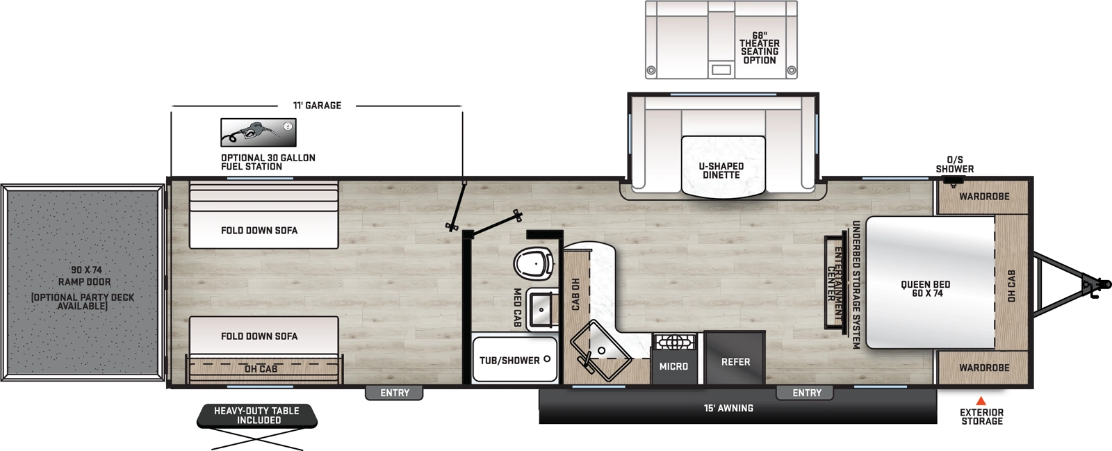 The Aurora 29ATH floorplan is a toy hauler that has two entries and one slide out. Exterior features include: metal exterior and 15' awning. Interiors features include: u-dinette and front bedroom.
